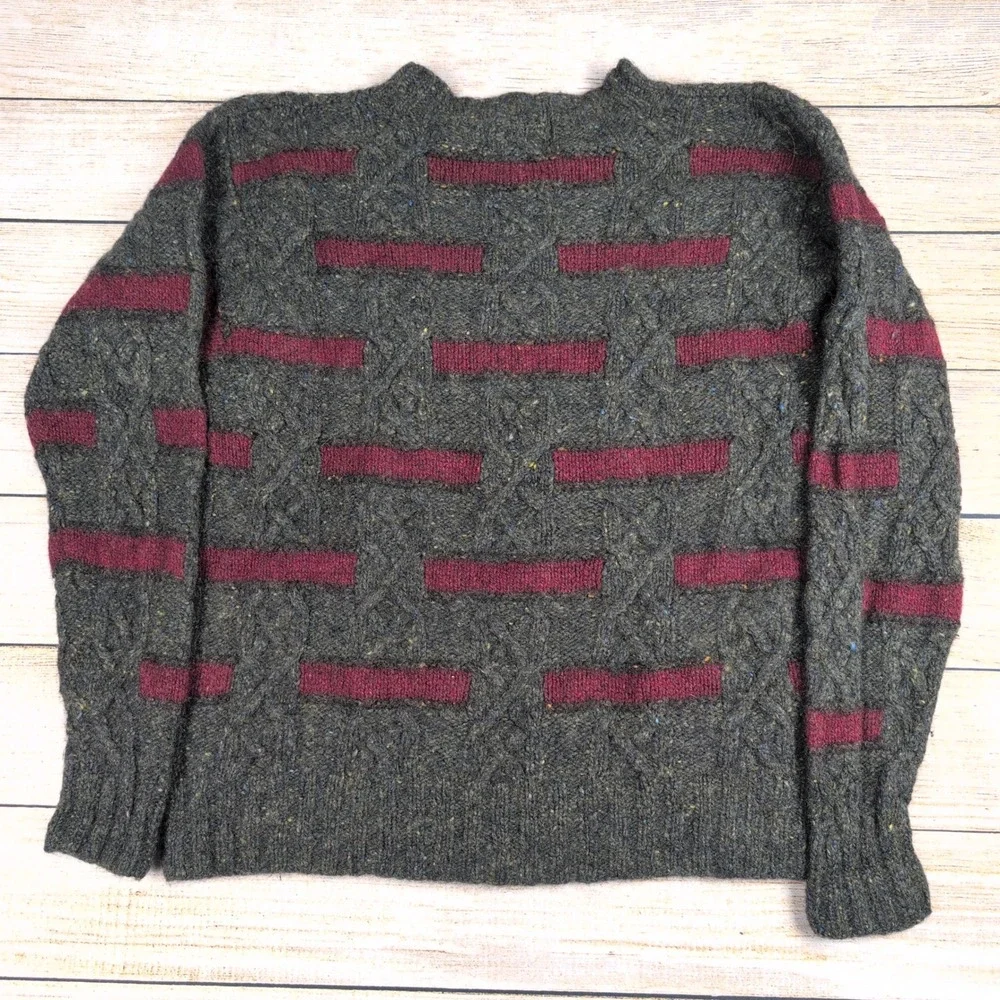 Eddie Bauer Mens Vintage Wool Mohair Cable Knit Sweater Grey Burgundy M - L - Picture 5 of 6